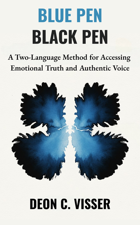Blue Pen, Black Pen book cover — mirrored blue and black ink-blot design, by Deon C. Visser